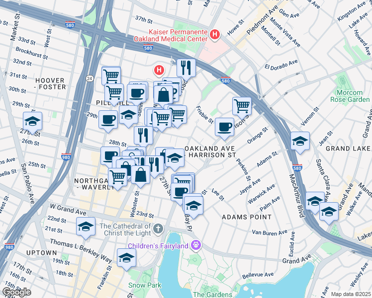 map of restaurants, bars, coffee shops, grocery stores, and more near in Oakland