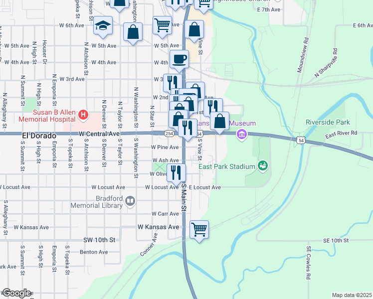 map of restaurants, bars, coffee shops, grocery stores, and more near 118 East Pine Avenue in El Dorado