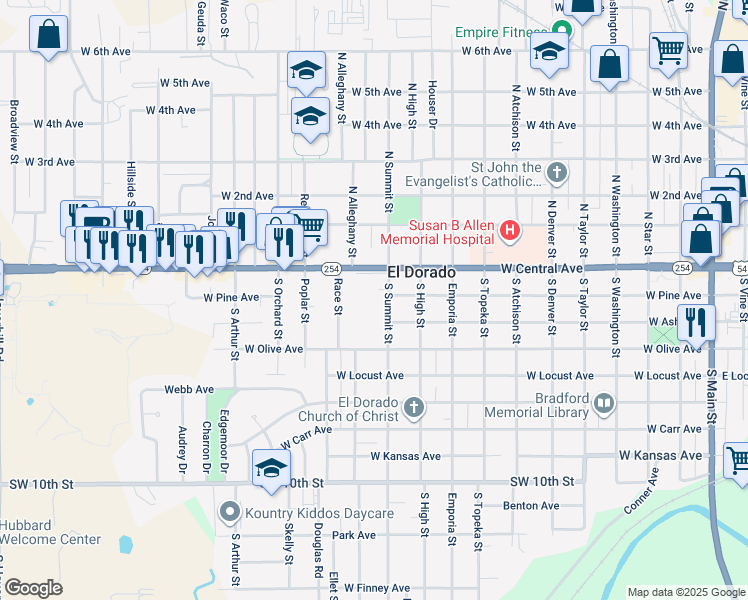 map of restaurants, bars, coffee shops, grocery stores, and more near 117 South Summit Street in El Dorado