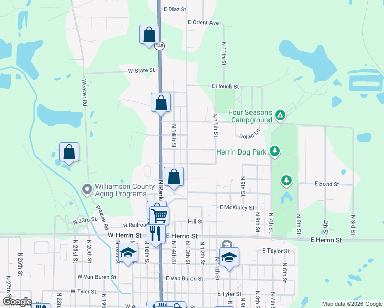 map of restaurants, bars, coffee shops, grocery stores, and more near 1412 North 13th Street in Herrin
