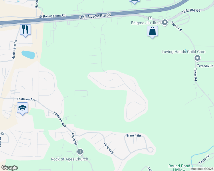 map of restaurants, bars, coffee shops, grocery stores, and more near 113 Sycamore Drive in Saint Robert