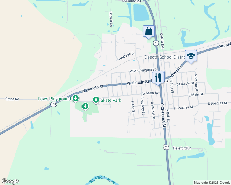 map of restaurants, bars, coffee shops, grocery stores, and more near 100-198 North Cherry Street in De Soto