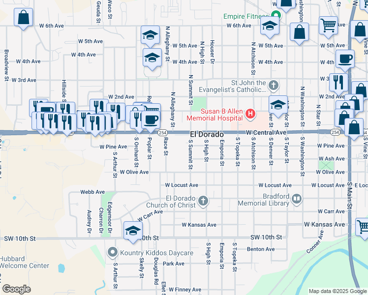 map of restaurants, bars, coffee shops, grocery stores, and more near 117 South Summit Street in El Dorado
