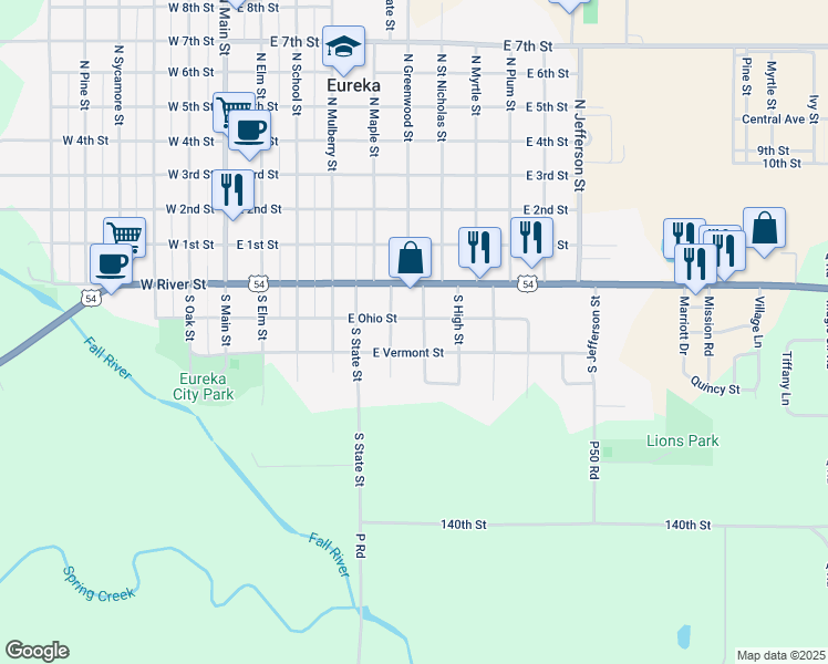 map of restaurants, bars, coffee shops, grocery stores, and more near 301-399 South Washington Street in Eureka