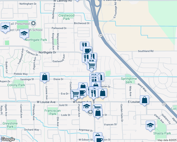 map of restaurants, bars, coffee shops, grocery stores, and more near 133 Joseph Road in Manteca
