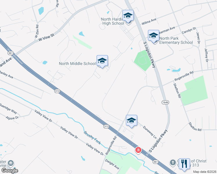 map of restaurants, bars, coffee shops, grocery stores, and more near 533 Rose Creek Drive in Radcliff
