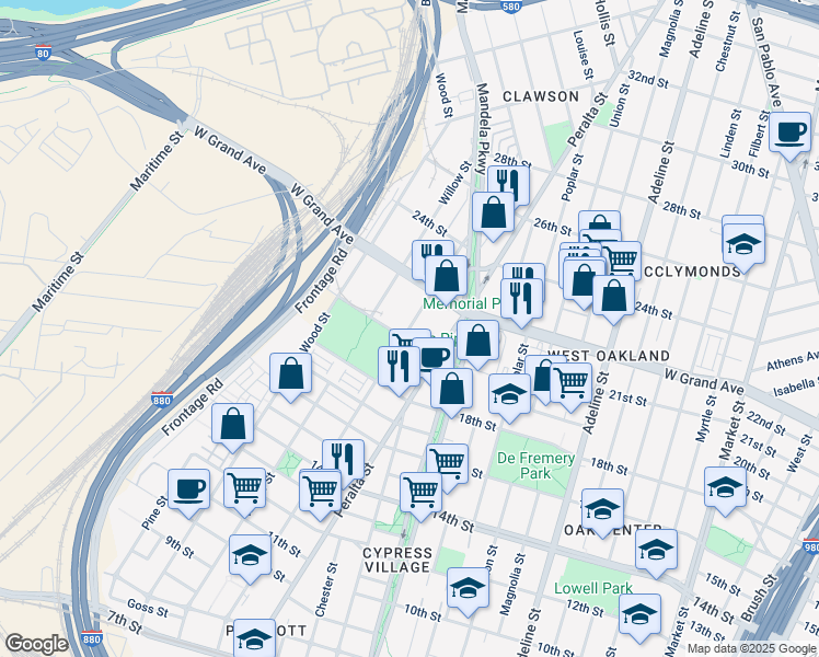 map of restaurants, bars, coffee shops, grocery stores, and more near 2040 Campbell Street in Oakland