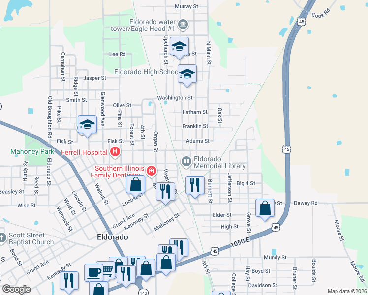 map of restaurants, bars, coffee shops, grocery stores, and more near 1024 Benton Street in Eldorado