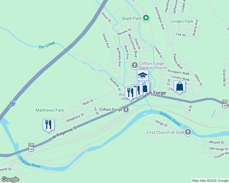 map of restaurants, bars, coffee shops, grocery stores, and more near 37 Bath Street in Clifton Forge