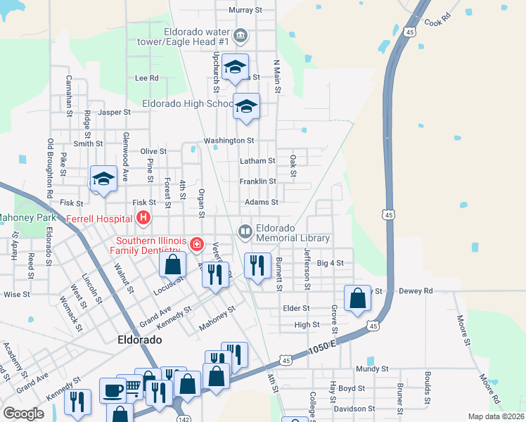 map of restaurants, bars, coffee shops, grocery stores, and more near Adams Street in Eldorado