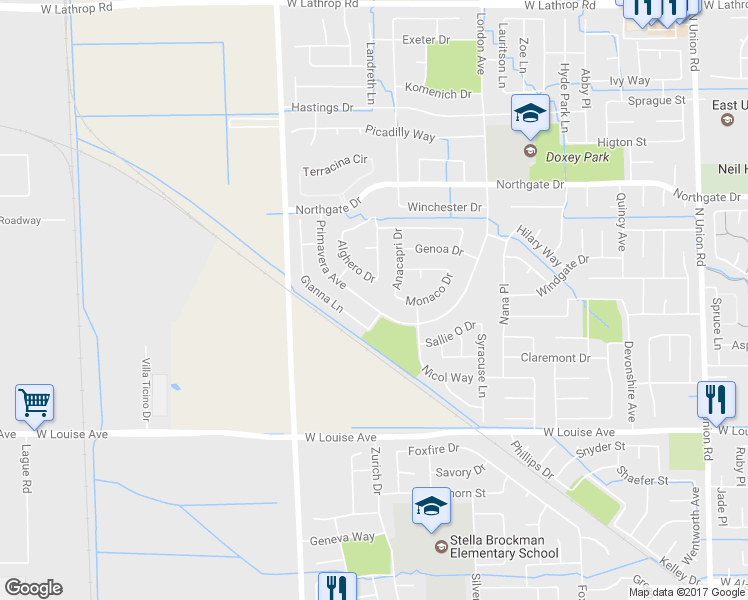 map of restaurants, bars, coffee shops, grocery stores, and more near 1312 Primavera Avenue in Manteca