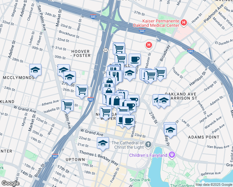 map of restaurants, bars, coffee shops, grocery stores, and more near in Oakland
