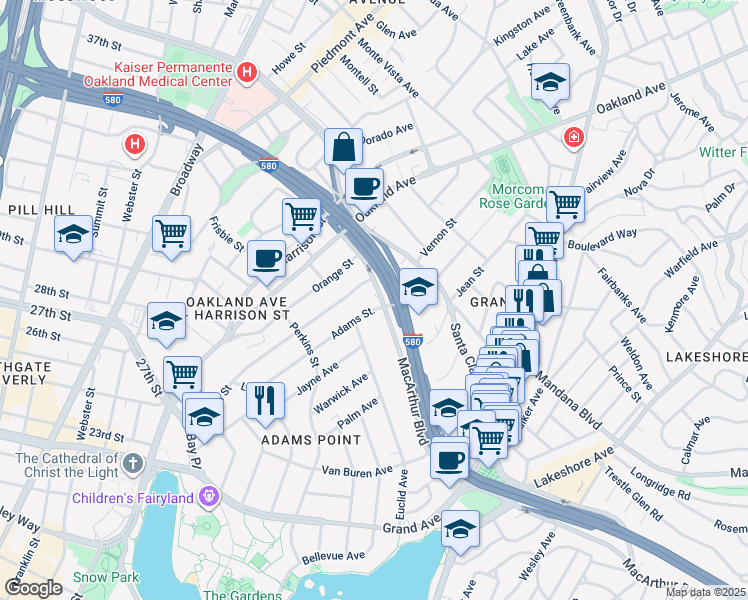 map of restaurants, bars, coffee shops, grocery stores, and more near 229 MacArthur Boulevard in Oakland