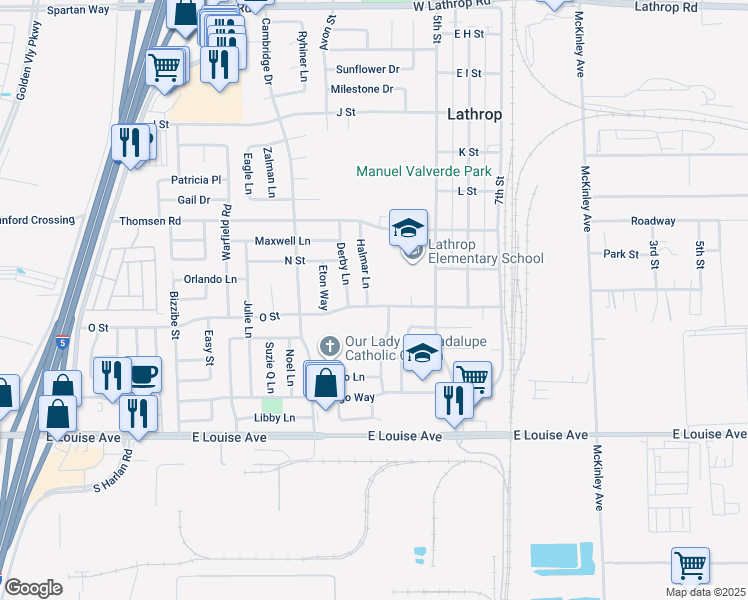 map of restaurants, bars, coffee shops, grocery stores, and more near 16036 Halmar Lane in Lathrop