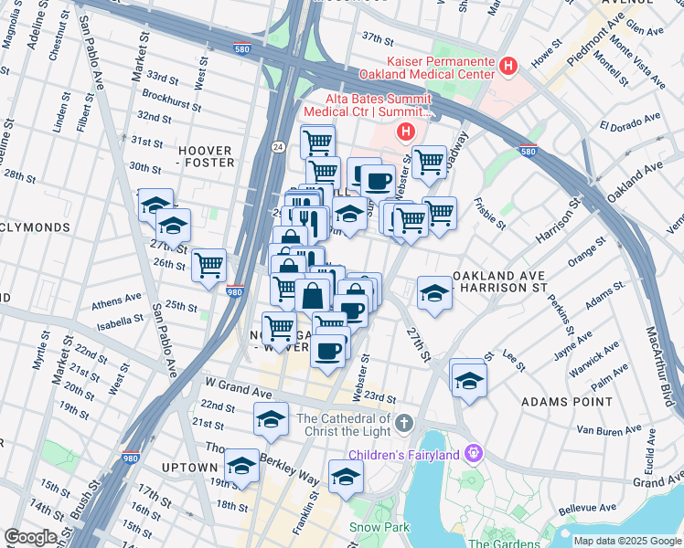 map of restaurants, bars, coffee shops, grocery stores, and more near 425 28th Street in Oakland