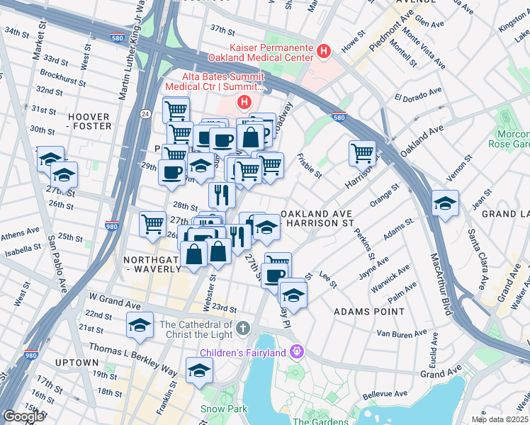 map of restaurants, bars, coffee shops, grocery stores, and more near 2819 Richmond Avenue in Oakland