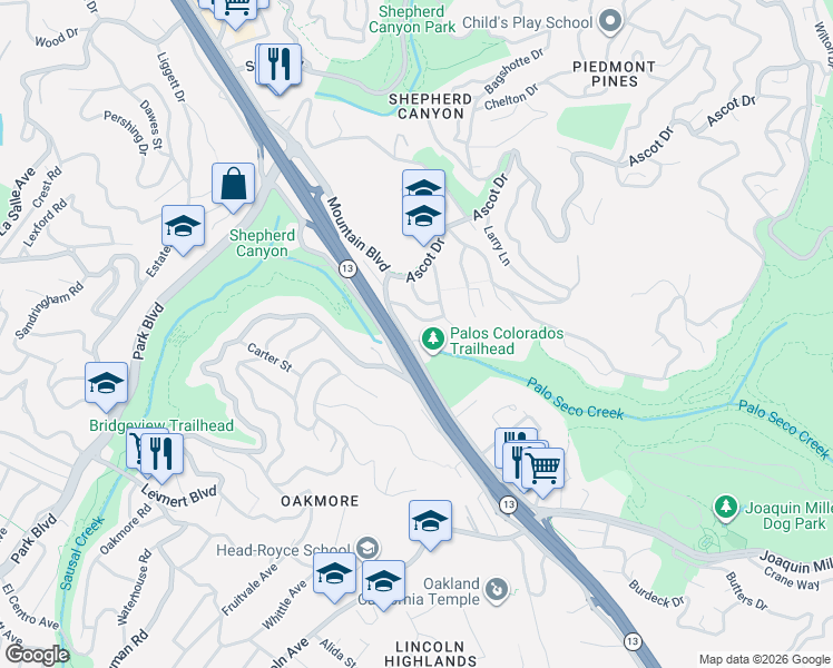 map of restaurants, bars, coffee shops, grocery stores, and more near 2593 El Caminito Street in Oakland