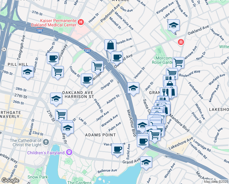 map of restaurants, bars, coffee shops, grocery stores, and more near 438 Vernon Street in Oakland