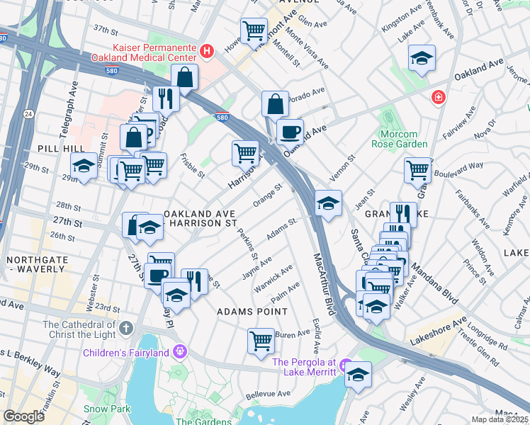 map of restaurants, bars, coffee shops, grocery stores, and more near in Oakland