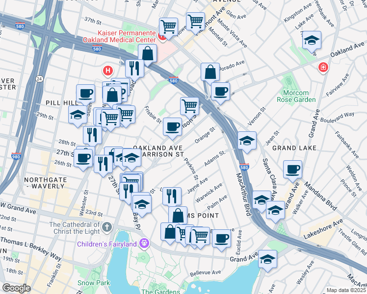 map of restaurants, bars, coffee shops, grocery stores, and more near 377 Orange Street in Oakland