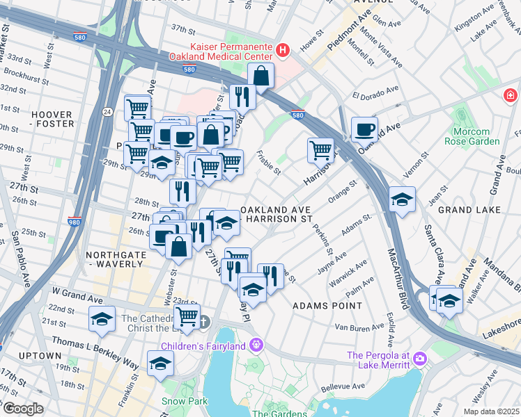 map of restaurants, bars, coffee shops, grocery stores, and more near in Oakland