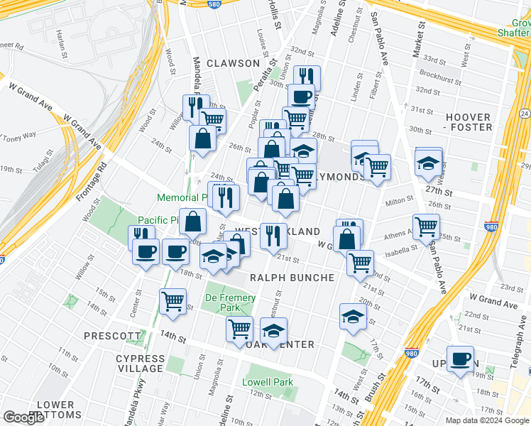 map of restaurants, bars, coffee shops, grocery stores, and more near 2236 Magnolia Street in Oakland