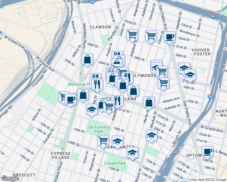 map of restaurants, bars, coffee shops, grocery stores, and more near 2236 Magnolia Street in Oakland