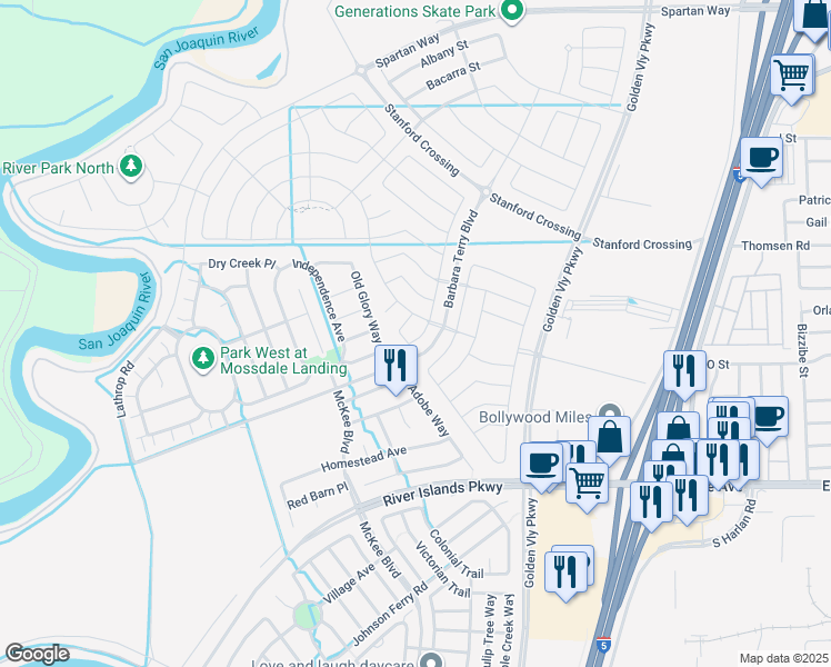 map of restaurants, bars, coffee shops, grocery stores, and more near 16013 Testarossa Street in Lathrop