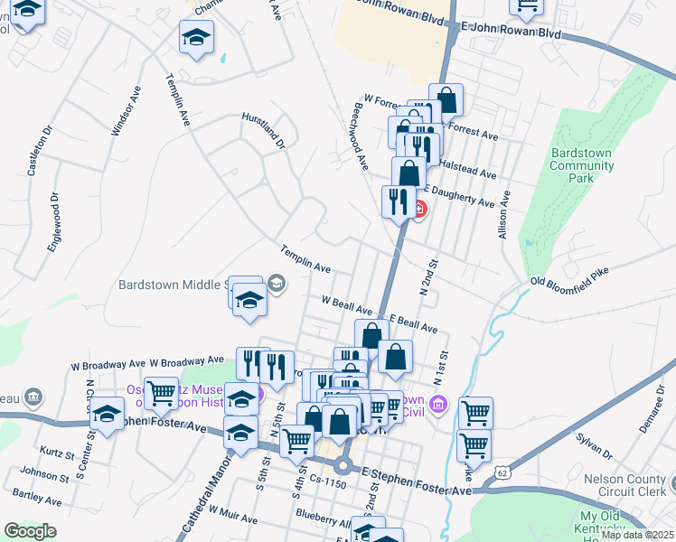 map of restaurants, bars, coffee shops, grocery stores, and more near 238 State Highway 1430 in Bardstown