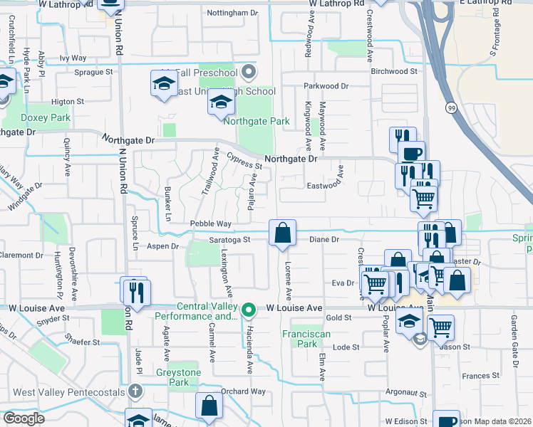 map of restaurants, bars, coffee shops, grocery stores, and more near 722 Range Ct in Manteca