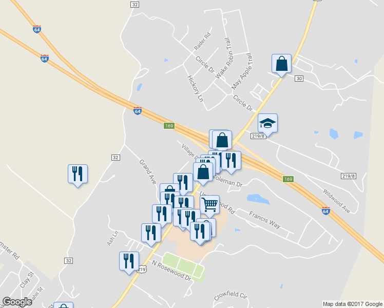 map of restaurants, bars, coffee shops, grocery stores, and more near Village Drive in Lewisburg