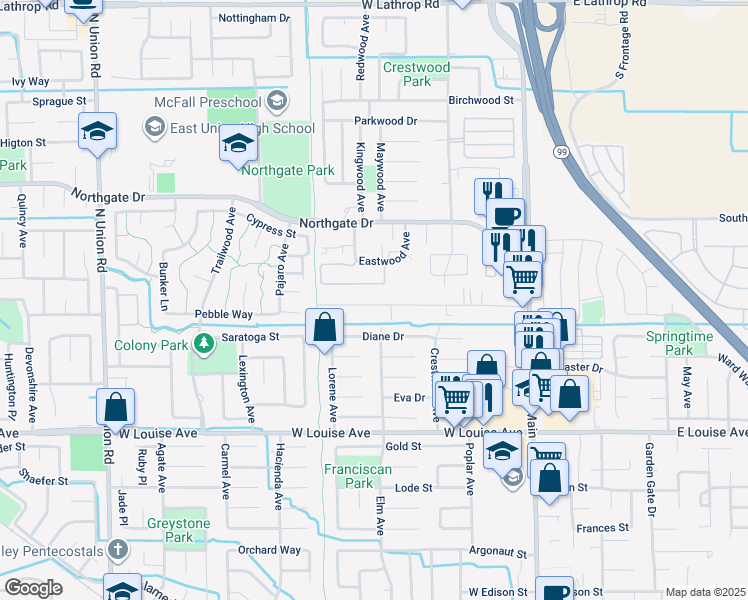 map of restaurants, bars, coffee shops, grocery stores, and more near 521 Joseph Road in Manteca