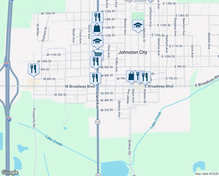map of restaurants, bars, coffee shops, grocery stores, and more near 301-399 W Broadway Blvd in Johnston City