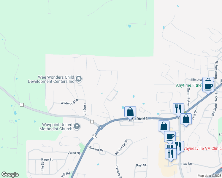 map of restaurants, bars, coffee shops, grocery stores, and more near 217 Settlers Pass in Waynesville
