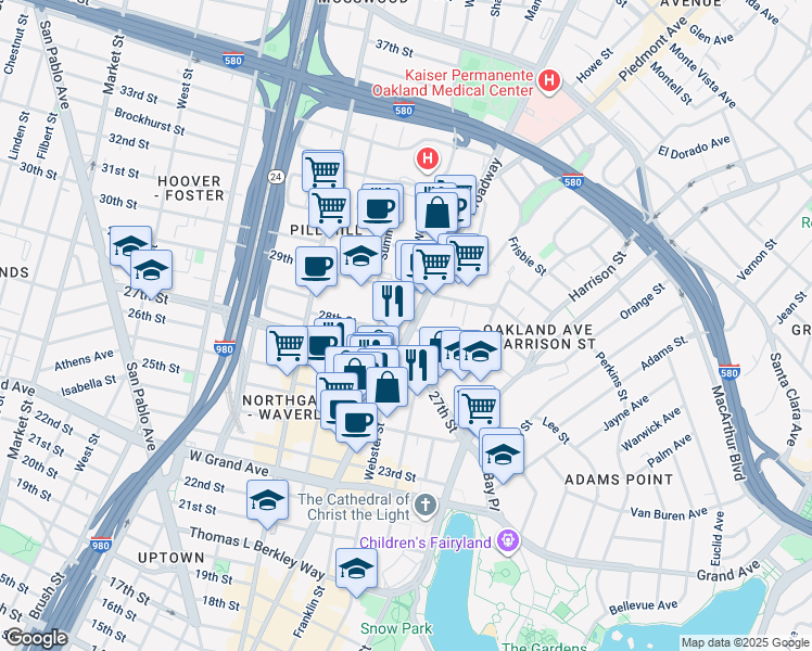map of restaurants, bars, coffee shops, grocery stores, and more near 2850 Broadway in Oakland