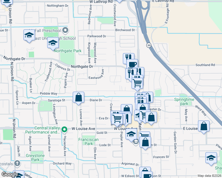 map of restaurants, bars, coffee shops, grocery stores, and more near 341 Joseph Road in Manteca