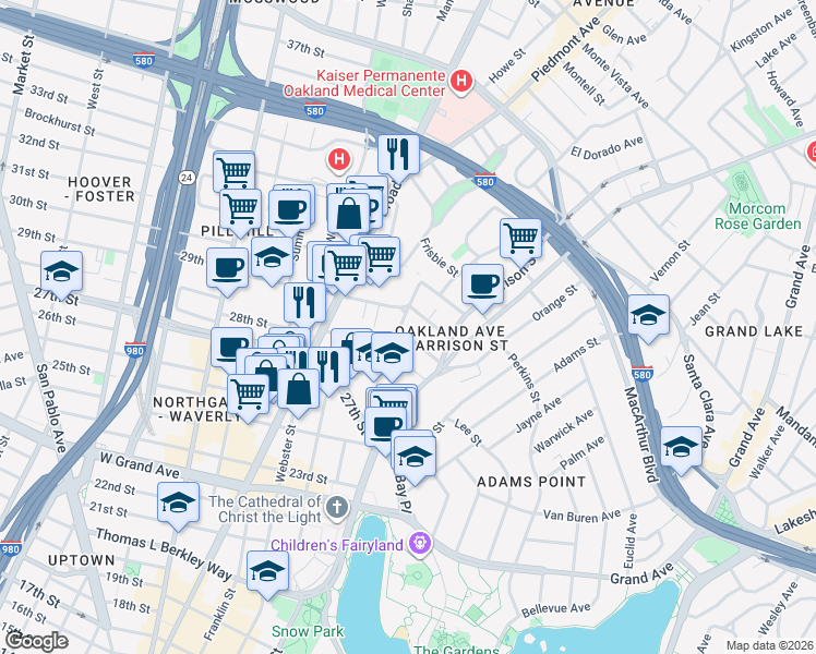 map of restaurants, bars, coffee shops, grocery stores, and more near 106 Fairmount Avenue in Oakland