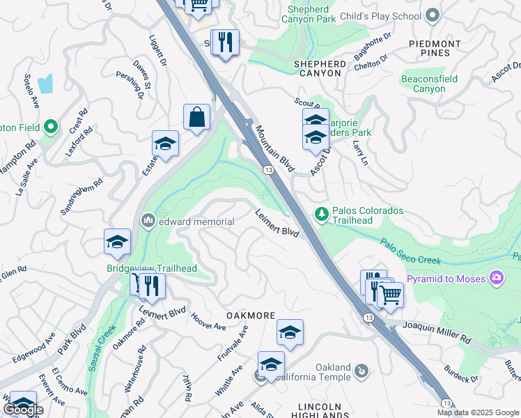map of restaurants, bars, coffee shops, grocery stores, and more near 2506 Leimert Boulevard in Oakland