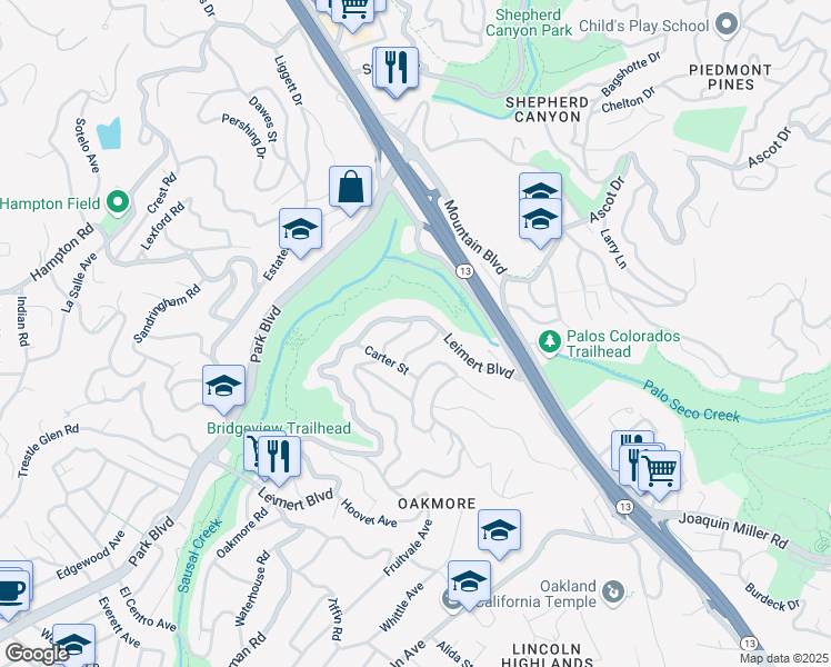 map of restaurants, bars, coffee shops, grocery stores, and more near 2370 Bywood Drive in Oakland