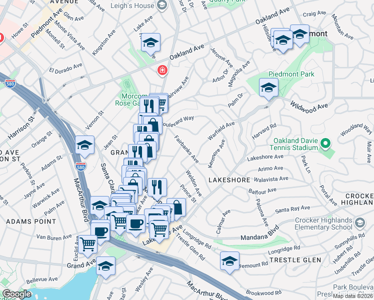 map of restaurants, bars, coffee shops, grocery stores, and more near 994 Vermont Street in Oakland