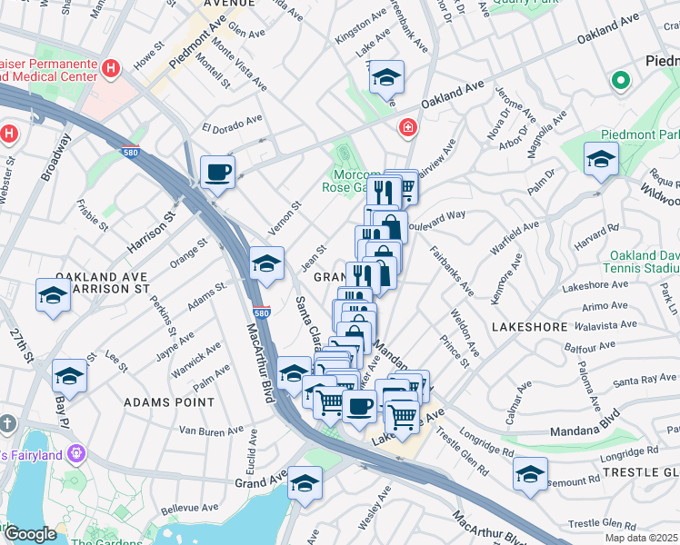 map of restaurants, bars, coffee shops, grocery stores, and more near in Oakland