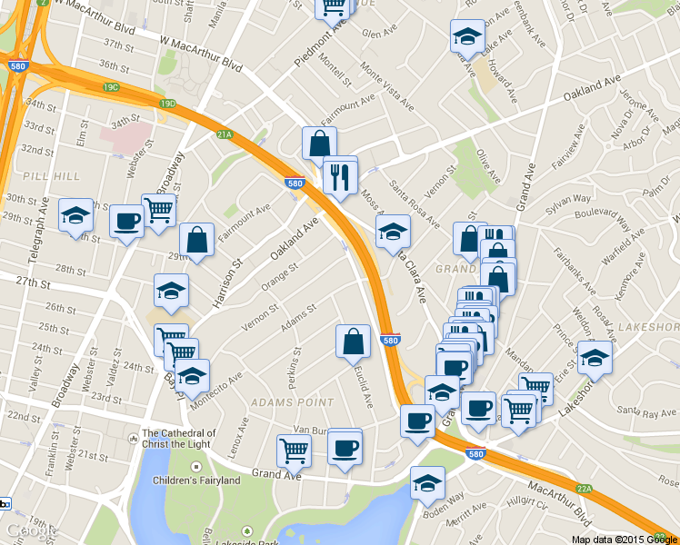 map of restaurants, bars, coffee shops, grocery stores, and more near 438 Vernon Street in Oakland