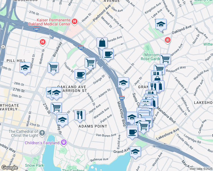map of restaurants, bars, coffee shops, grocery stores, and more near 438 Vernon Street in Oakland