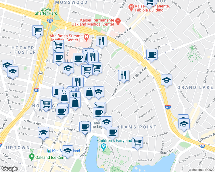 map of restaurants, bars, coffee shops, grocery stores, and more near in Oakland