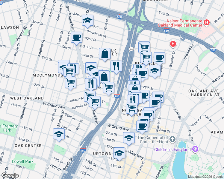 map of restaurants, bars, coffee shops, grocery stores, and more near 677 26th Street in Oakland