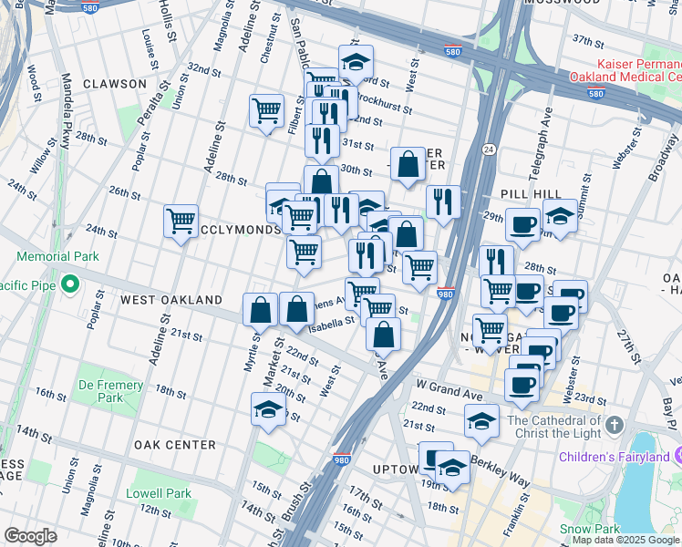 map of restaurants, bars, coffee shops, grocery stores, and more near 2 San Pablo Avenue in Oakland