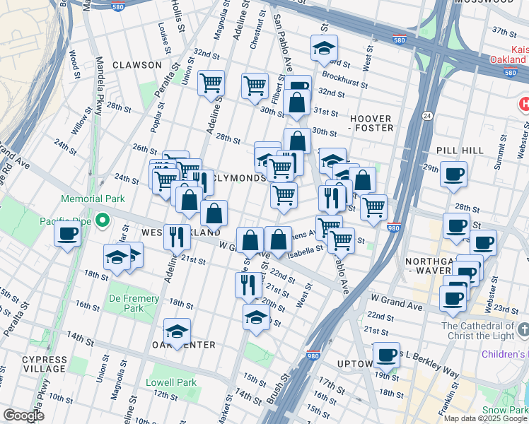 map of restaurants, bars, coffee shops, grocery stores, and more near 2424 Myrtle Street in Oakland