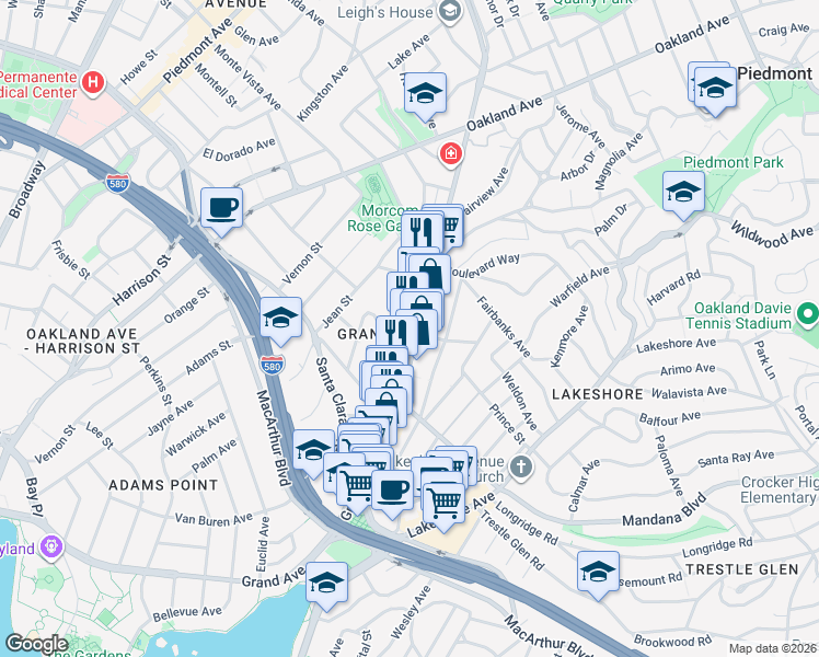 map of restaurants, bars, coffee shops, grocery stores, and more near 3701 Grand Avenue in Oakland