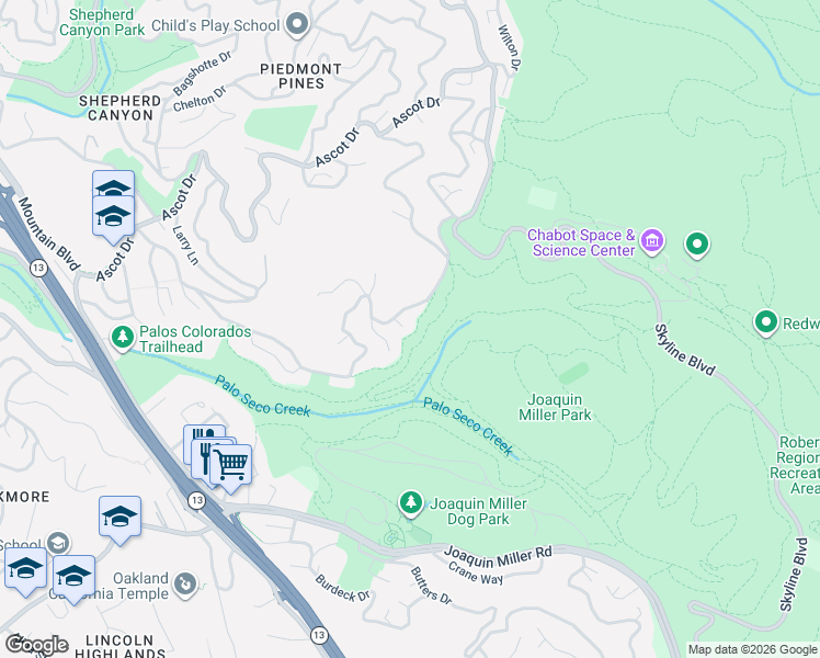 map of restaurants, bars, coffee shops, grocery stores, and more near 18 Osborne Court in Oakland