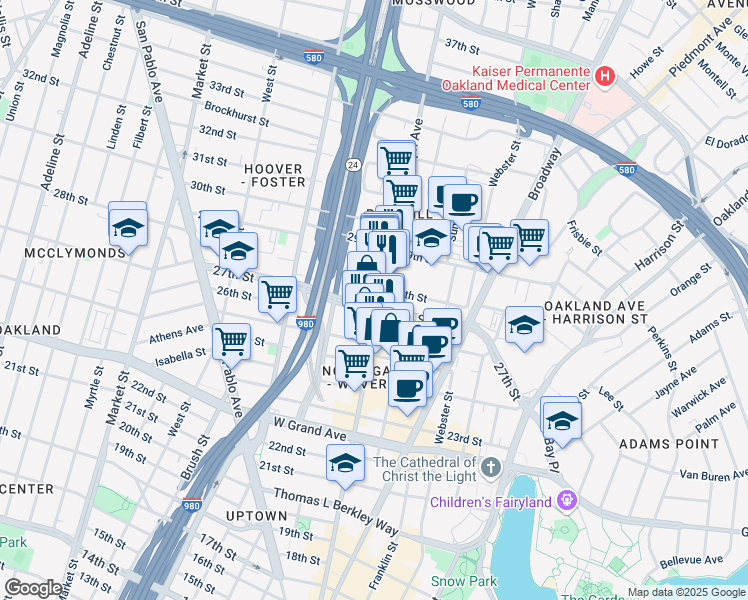 map of restaurants, bars, coffee shops, grocery stores, and more near in Oakland